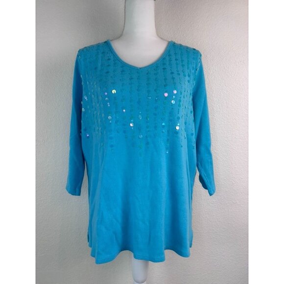 Quacker Factory women's large light blue v-neck‎ 3/4 sleeve sequin shimmer top - Picture 1 of 8